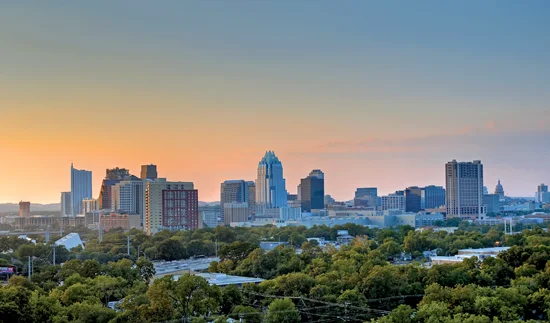 The downtown Austin, TX skyline at sunset